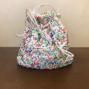 Vintage Rainbow Beaded Reversible Drawstring Pouch | Vintage Marble Bag